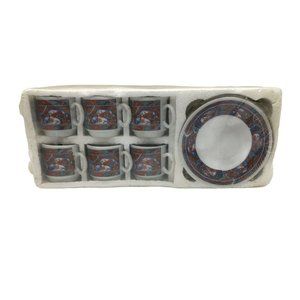 Asian Tea cup Set of 6 with saucer Red Floral 2" Tall Ceramic oriental